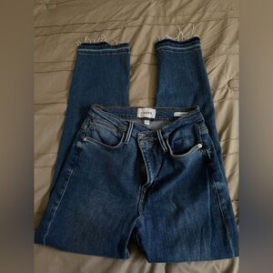 Frame Denim Dark Blue Cropped Straight Jeans with Frayed Hem